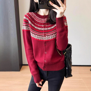 新年圣诞红 复古费尔岛花气质英伦显白提花羊毛毛衣女25冬