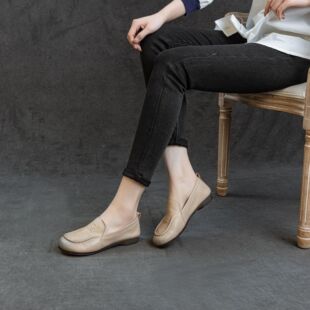 春秋大码41头层牛皮一脚蹬平底防滑宽松舒适乐福鞋复古文艺女单鞋