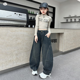 女童加绒加厚牛仔裤2025新款中大童时髦宽松弯刀裤阔腿裤打杆长裤，童装裤子，祺儿童装