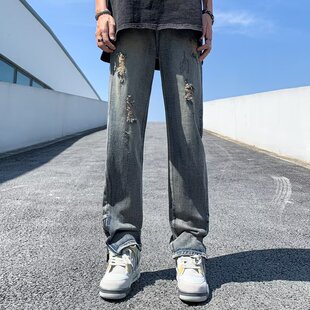 潮 直筒乞丐裤 破洞牛仔裤 夏hiphop复古水洗做旧设计感拉链开衩个性