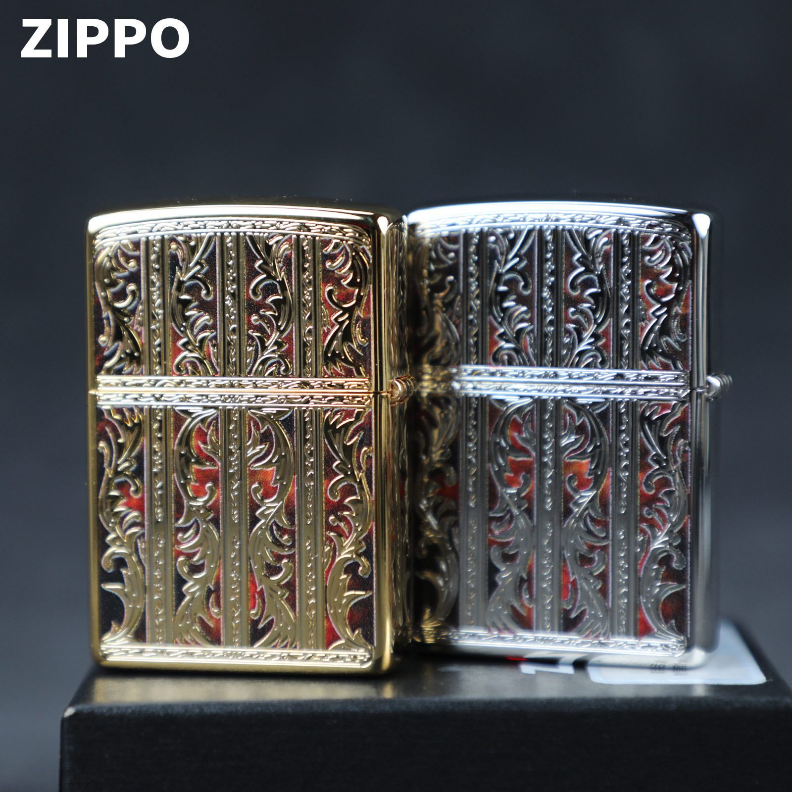 官正品ZIPPO芝宝美国原版防风砂轮煤油打火机双面红漆唐草花纹礼