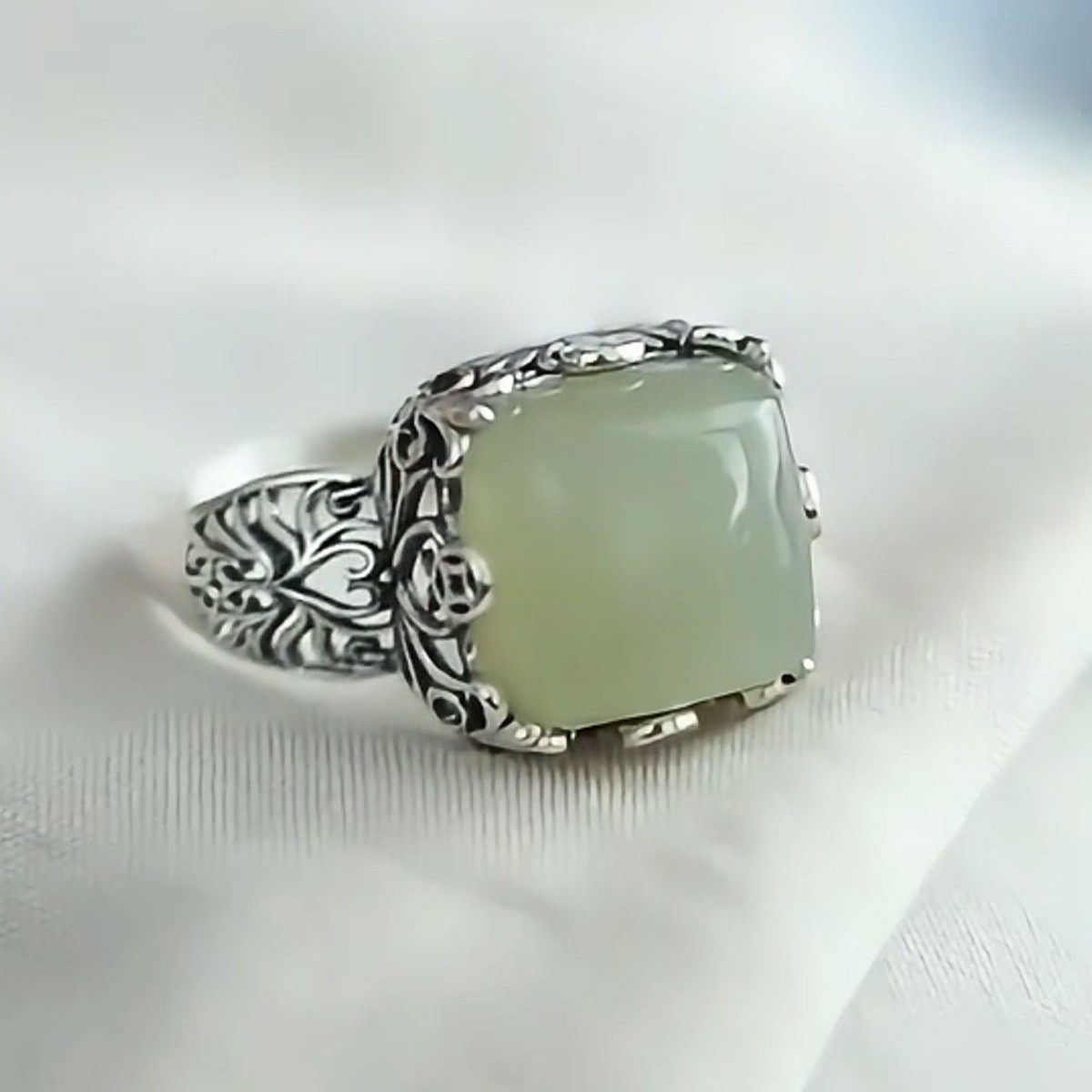 925纯银新中式和田玉方形复古民族风气质轻奢高级感食指戒指环女