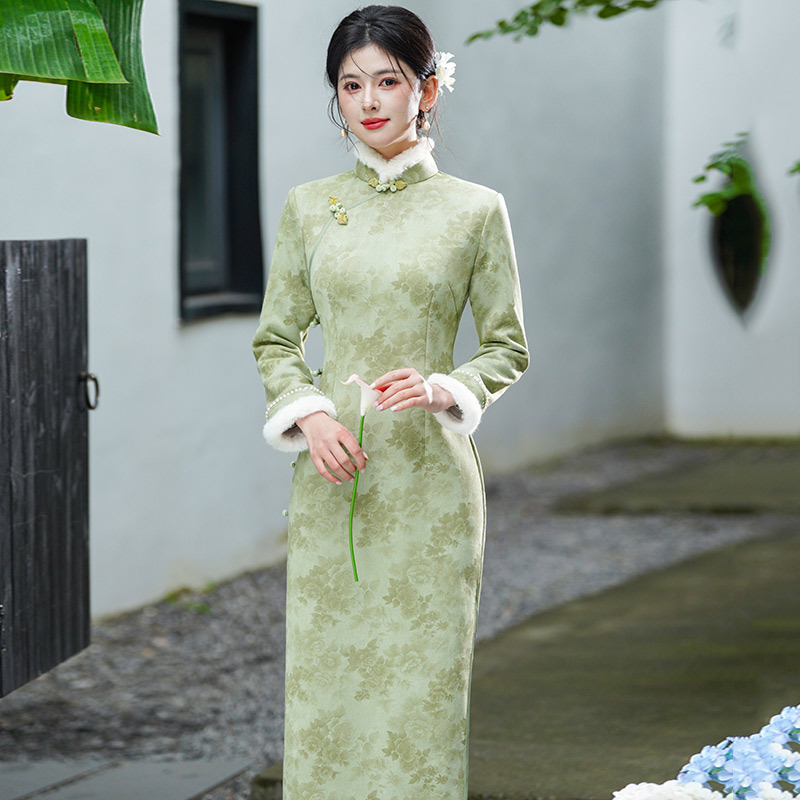 绿色改良旗袍国风新中式旗袍