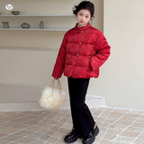 女童2025年冬季新款风珍珠盘扣棉衣女大童新年红迎新春面包棉服，童装棉衣，祺儿童装