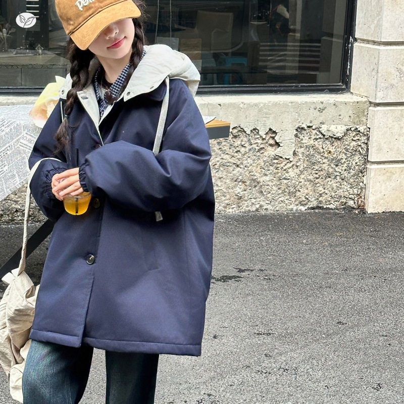 女童夹棉外套2025年秋冬新款中大童撞色连帽风衣中长款防风夹克衫，童装外套，祺儿童装