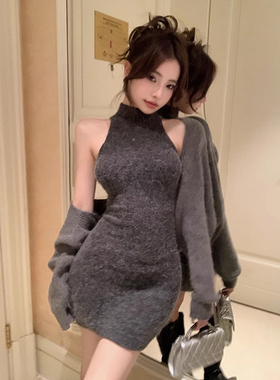 灰色高领针织连衣裙包臀裙子套装女秋冬季短款长袖开衫上衣两件套