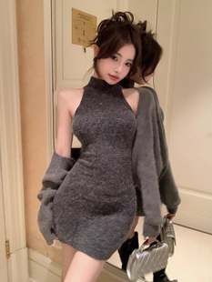 灰色高领针织连衣裙包臀裙子套装女秋冬季短款长袖开衫上衣两件套