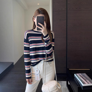 女毛衣25秋冬新款 韩系减龄 含醋酸羊毛柔软慵懒条纹针织衫