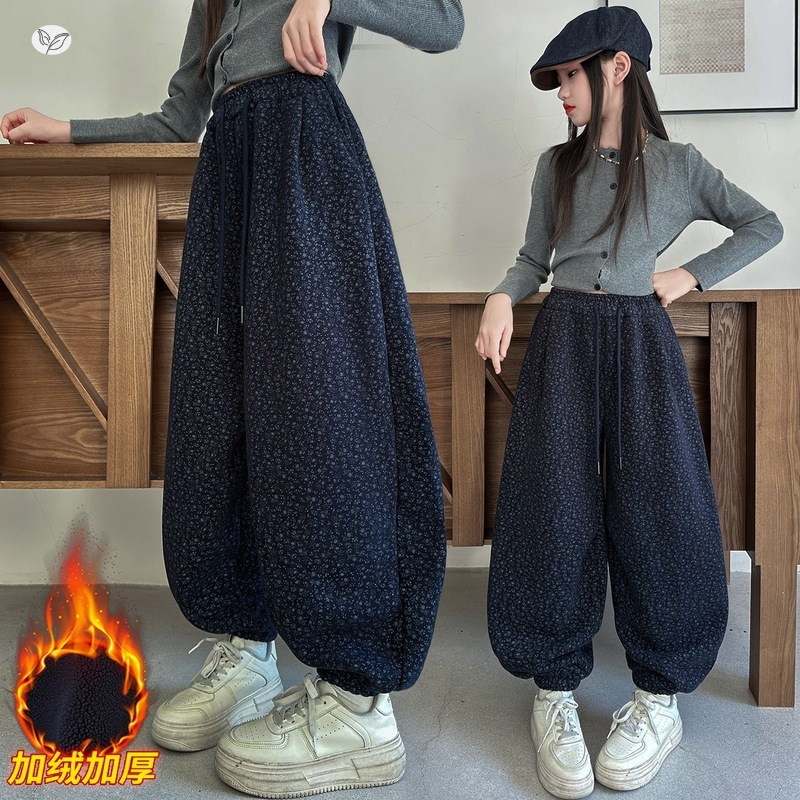 女童加绒加厚裤子2025秋冬新款碎花束脚裤中大童休闲弯刀裤萝卜裤，童装裤子，祺儿童装
