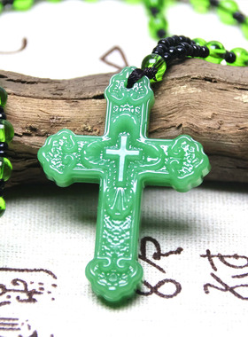 信主十字架玻璃仿玉十字架平安扣仿玉绿项链吊坠挂件毛衣链饰品