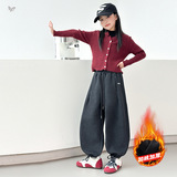 女童刺绣卫裤加绒2025年秋冬新款中大童休闲束脚裤宽松阔腿裤长裤，童装裤子，祺儿童装