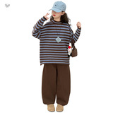 女童加厚毛衣套装2025冬季新款中大童条纹针织上衣加绒长裤两件套，童装休闲套装，祺儿童装