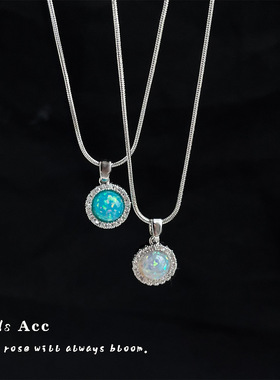 流光溢彩~轻奢风合成欧泊圆形项链ins风新中式锁骨链时尚锆石颈链