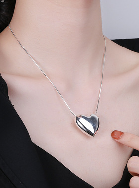 S925纯银韩版简约立体爱心怦怦风电镀光面立体项链女