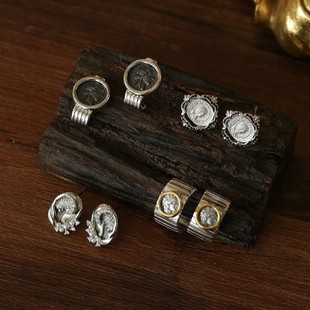 新款925银古币耳环复古银币耳环女欧美时尚潮流雅典娜耳环