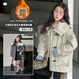 2025冬季新款女大童中长款复古羊羔毛翻领棉服保暖工装派克服棉袄，童装外套，祺儿童装