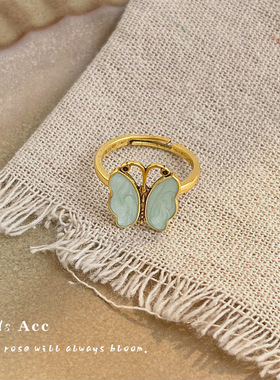 小众新中式滴油蝴蝶戒指设计感抹黑做旧食指戒复古时尚国潮指环