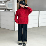 女童加厚毛衣2025秋冬新款半领花纹针织衫中大童简约内搭打底衫，童装毛衣，祺儿童装