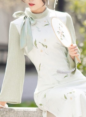 绿色旗袍2023新款端气质年轻款少女小清新改良修身小个子连衣裙