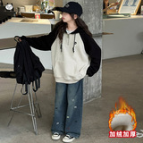 女孩卫衣秋冬2025新款洋气拼色连帽帽衫半拉链领女孩中大童运动装，童装休闲套装，祺儿童装