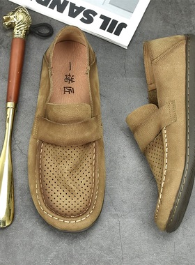 夏季透气鞋真皮一脚蹬豆豆鞋软皮软底休闲懒人皮鞋镂空凉鞋