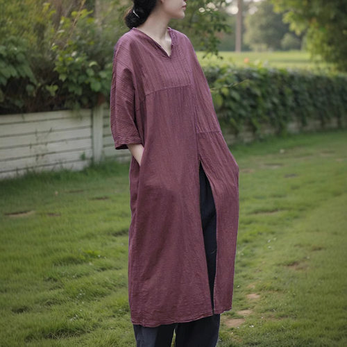 格格新款夏季中式简约禅意袍子文艺复古开叉提花中长袖连衣裙时尚