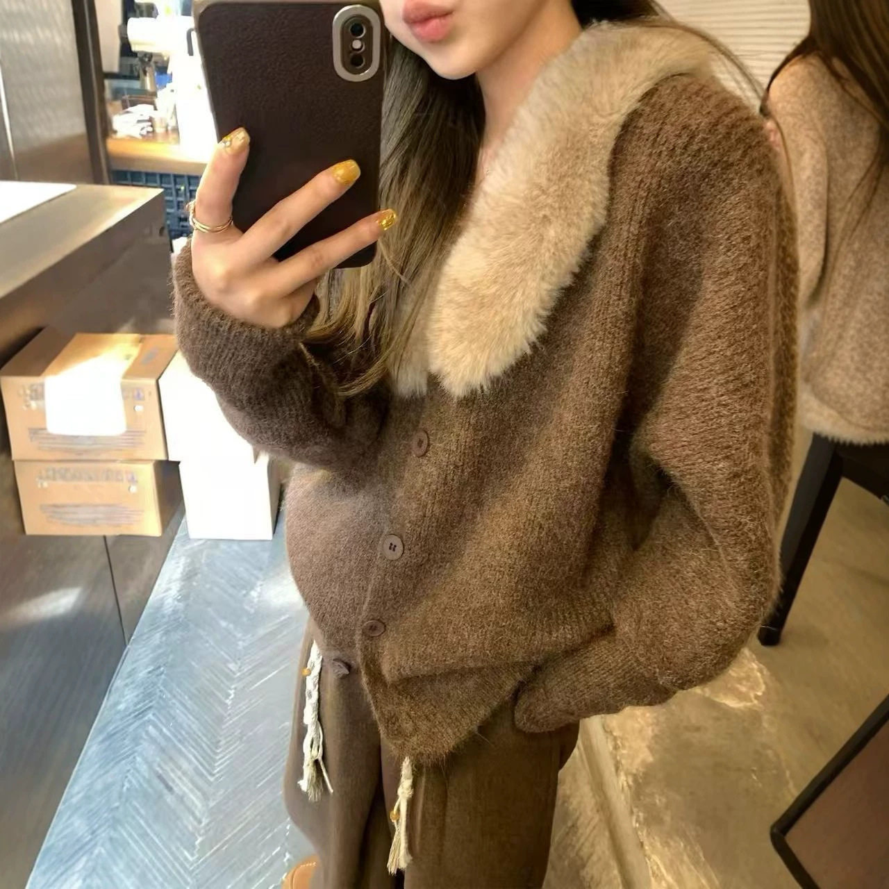 2026新款老钱风宽松复古咖色毛毛领针织排纽扣毛衣厚外套女春秋