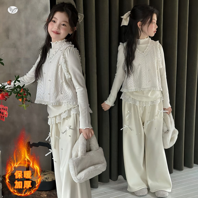 女童2025年秋冬新款蕾丝拼接马甲女大童荷叶边领口钉珠蝴蝶结套装，童装休闲套装，祺儿童装