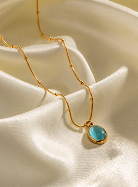 欧美ins风跨境18K镀金不锈钢蓝色猫眼项链不掉色小众设计百搭饰品