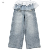 女童秋冬加绒牛仔裤2025年新款珍珠蝴蝶结阔腿裤中大童花边直筒裤，童装裤子，祺儿童装