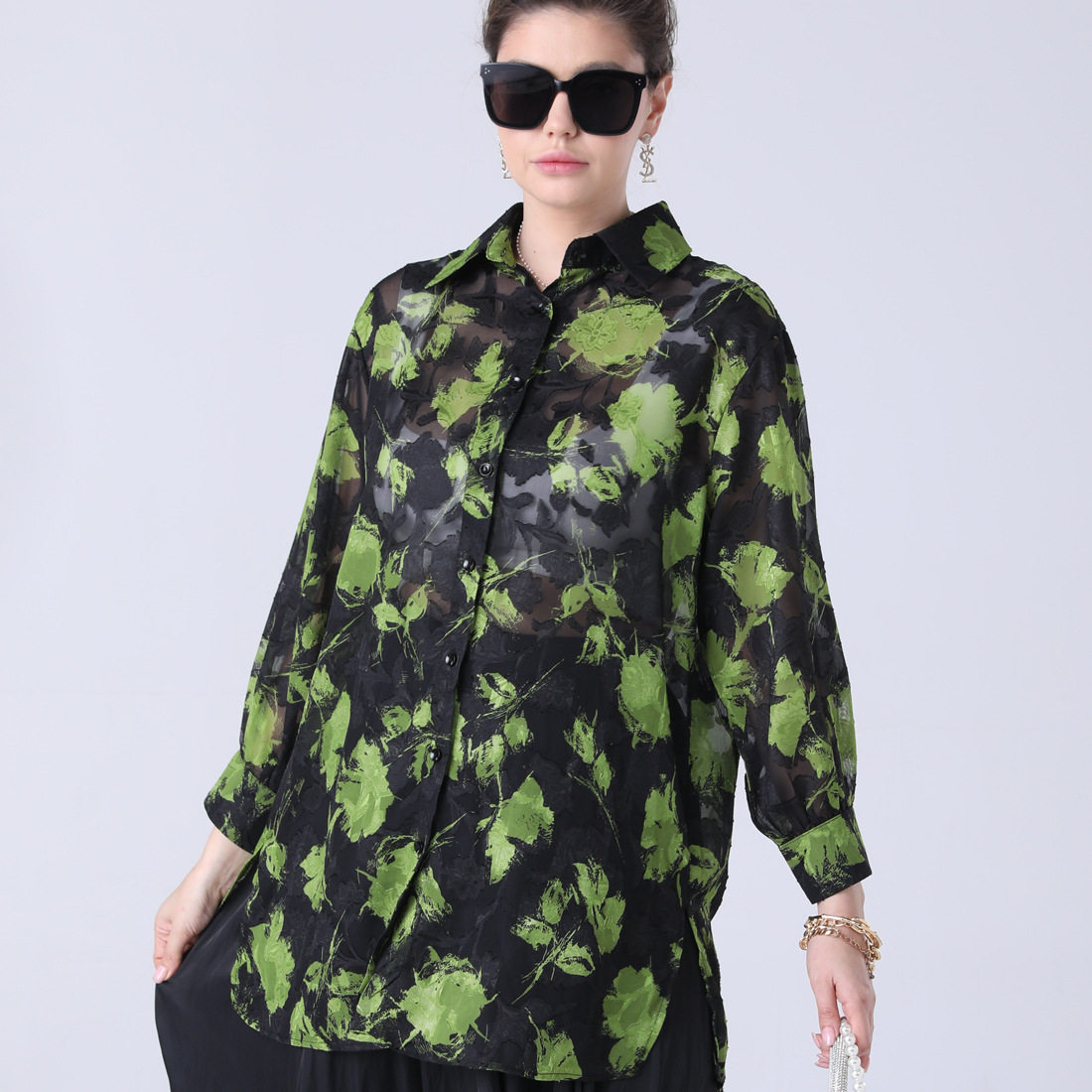 外贸欧美加大码衬衫女春秋新款宽松大码女装长袖上衣印花衬衣胖MM