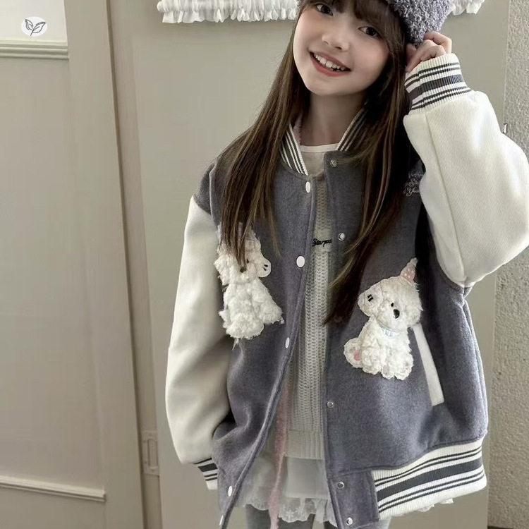 女童2025年秋冬新款小狗毛巾刺绣棒球服外套女孩潮酷加棉加厚上衣，童装外套，祺儿童装