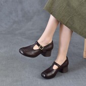 以一春夏新款 粗跟女鞋 头层牛皮中跟复古丁字鞋 软底休闲百搭四季