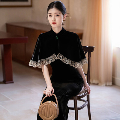 黑色丝绒国风新中式秋季无袖改良旗袍年轻款女级感披肩套装春秋