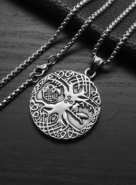 项链钢朋克吊坠嘻哈生命之树圆牌