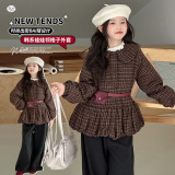 女童秋冬套装2025年新款中大童韩系花边毛呢外套阔腿直筒裤两件套，童装外套，祺儿童装