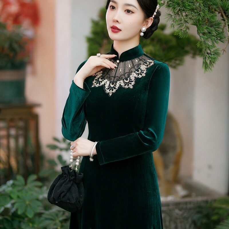 金丝绒连衣裙贵洋气改良旗袍妈妈婚宴礼服平时可穿丈母娘婚礼服