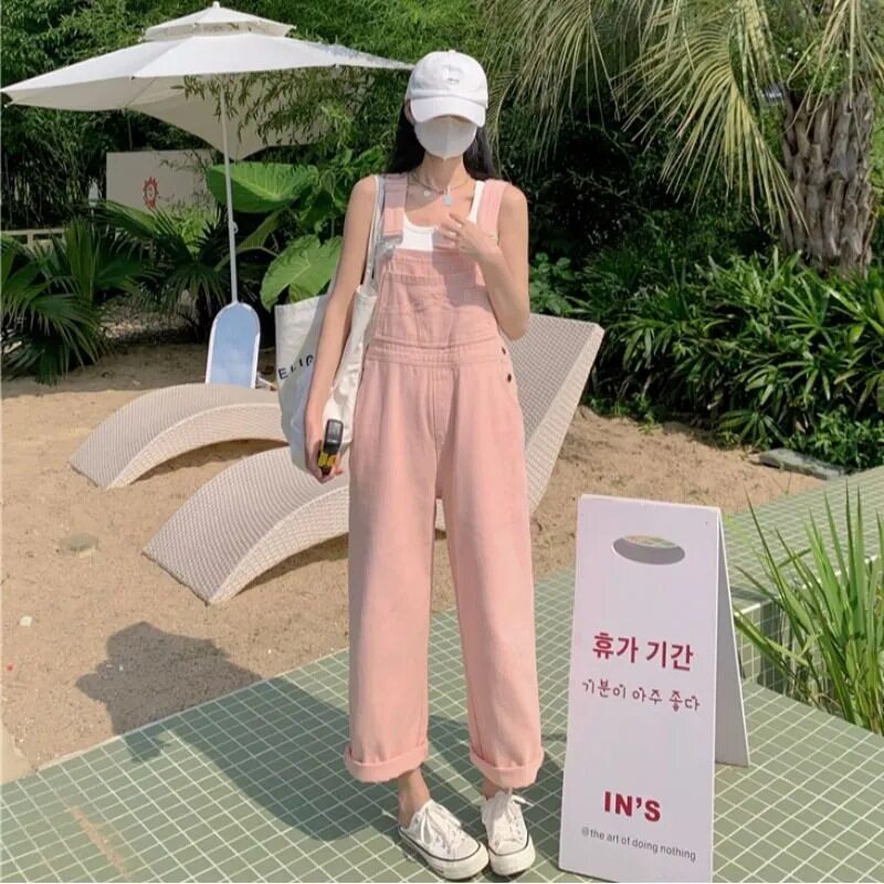 少女感浅西瓜红色牛仔背带裤宽松显瘦减龄连衣裤高腰阔腿直筒裤潮