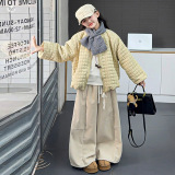 女童棉服外套2025年冬季新款中大童珩线格子棉衣加绒阔腿裤两件套，童装外套，祺儿童装