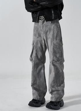 泰王装丨2025秋冬潮牌休闲裤水墨晕染多口袋情侣款宽松直筒长裤