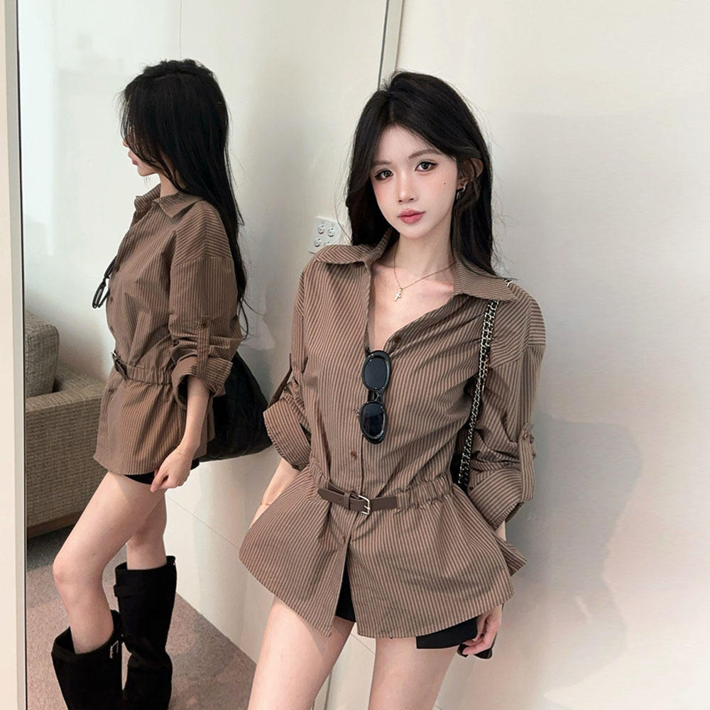 欧美2026跨境外贸复古v领慵懒条纹收腰显瘦长袖衬衫