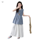 女童夏装休闲套装2025新款无袖格子上衣裙裤两件套中大童薄款洋气，商品下架区，祺儿童装