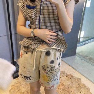 open yy现H26夏款复古涂鸦风手绘印花短裤抽绳松紧腰休闲工装裤女