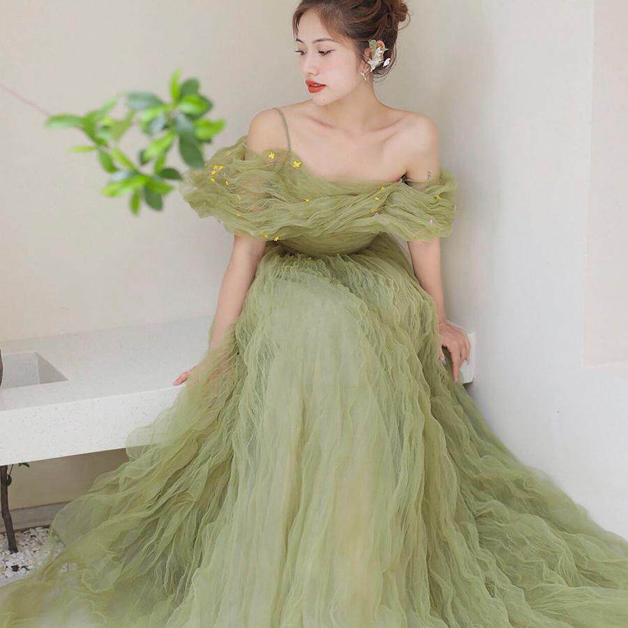 端一抹春色敬酒服新娘宴会连衣裙影楼写真草坪婚礼外景纱晚礼服