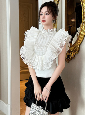 2025夏季新款女装法式设计感飞飞袖修身衬衫重工白色上衣91621