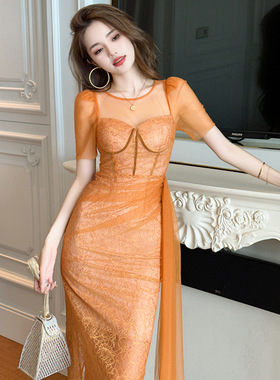 2025夏季新款名媛裹胸飘纱收腰蕾丝连衣裙法式别致小众长裙20601