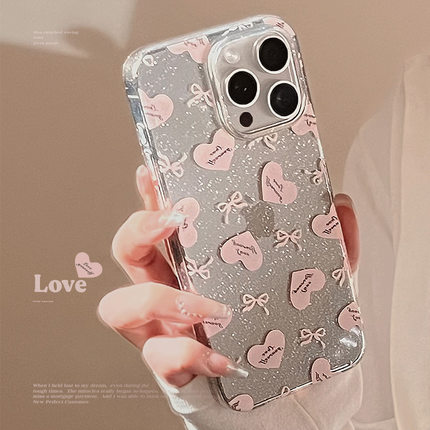 Pink heart-shaped love bowknot glitter clear case适用iphone 11 12 13 14 15 16 plus 17 pro max