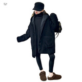 女童2025冬季新款韩系黑色连帽夹棉外套女大童加厚保暖中长款棉衣，童装棉衣，祺儿童装