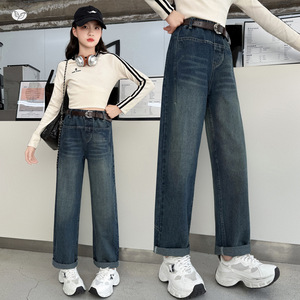 女童牛仔裤宽松2025春秋季新款直筒裤中大童洋气阔腿裤萝卜裤儿童，童装裤子，祺儿童装