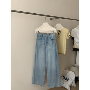 2026春夏遮胯斜缝薄软垂感直筒牛仔裤 1067 浅色慵懒风舒适牛仔长裤